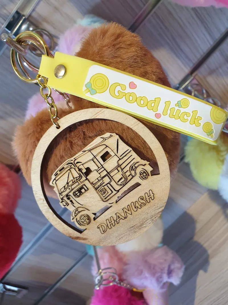 Custom engraved wooden keychain with vehicle design, Badulla Sri Lanka